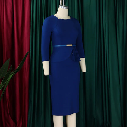 L-3XL Plus Size Elegant Midi Dress 2025 Spring Summer Women Office Lady Dress Casual 3/4 Sleeve Bandage Robe Oversize Dress