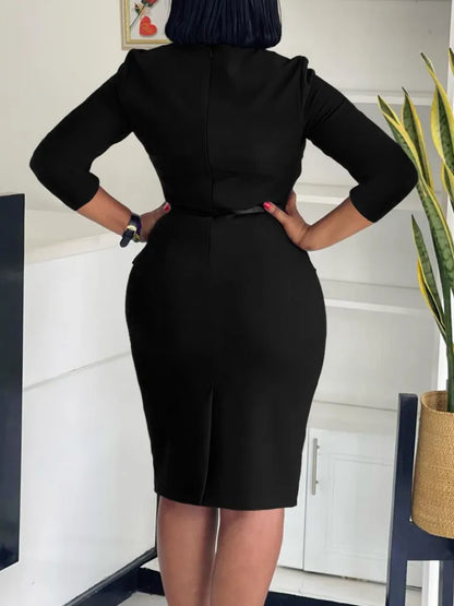 L-3XL Plus Size Elegant Midi Dress 2025 Spring Summer Women Office Lady Dress Casual 3/4 Sleeve Bandage Robe Oversize Dress