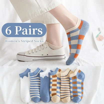 6 Pairs of Women's Spring and Summer Four Season Striped Plaid Fashion Trend Simple and Comfortable Sports Style Socks