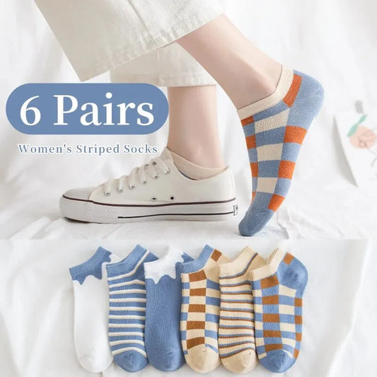 6 Pairs of Women's Spring and Summer Four Season Striped Plaid Fashion Trend Simple and Comfortable Sports Style Socks