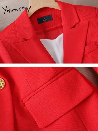 Yitimuceng Elegant Office Ladies Two Piece Sets Womens Outifits 2023 Double Breasted Long Sleeve Blazers Loose Casual Pant Suits