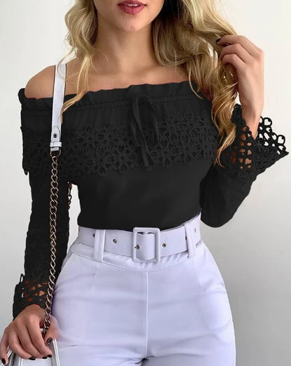 Elegant Women's blouses Fashion 2024 Lace Spliced Off Shoulder Guipure Lace Long Sleeve Tassel Drawstring Top