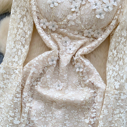 Spring France Elegant Vintage High End Evening Dress Women 3D Flower Lace Hollow Out Party Dress Female Casual Chic Clothing New