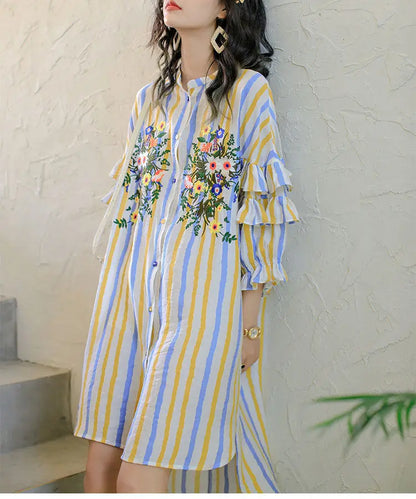Spring Summer Floral Embroidery Dresses Contrasting Colors Striped Female Single-breasted Ruffles Spliced Straight Midi Dress
