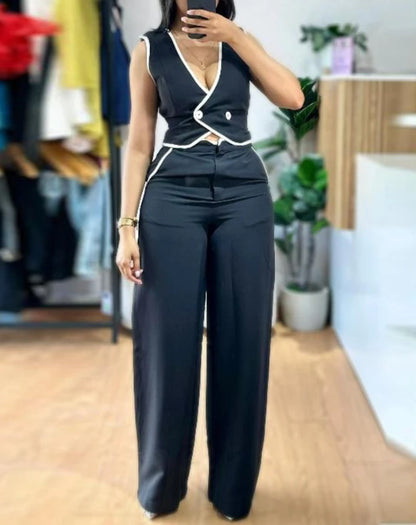 New Fashion 2024 Summer Casual Sexy Elegant V-Neck Buttoned Vest Top & Pocket Design Pants Set Womens Two Piece Sets Outfit