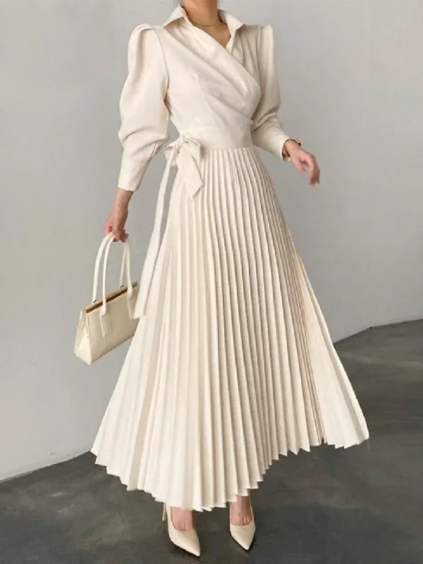 Spring Women Dress Solid Color Puff Sleeves Lace-up Waist A-line Pleated Dresses Elegant Commuter Dress for Office Ladies
