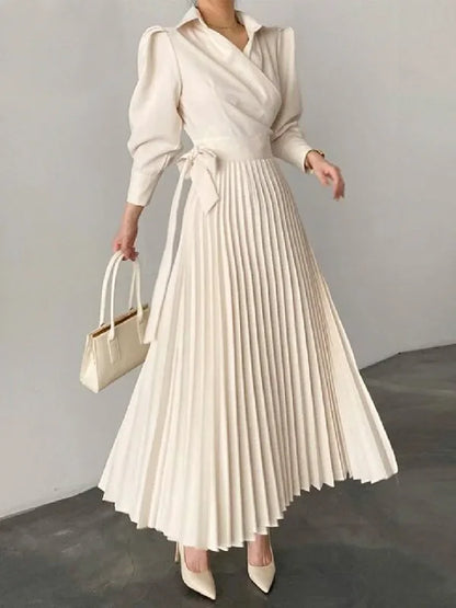 Spring Women Dress Solid Color Puff Sleeves Lace-up Waist A-line Pleated Dresses Elegant Commuter Dress for Office Ladies