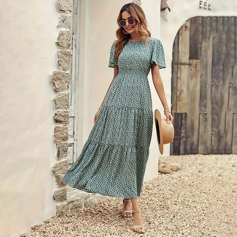 Spring Summer Tierred Dress Women Midi Dresses Female Short Sleeve Elastic Waist Printed Floral Pleated Backless Casual Dress