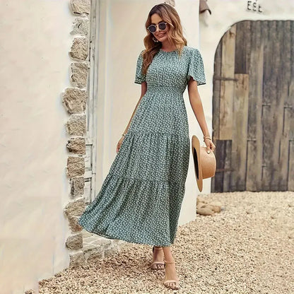 Spring Summer Tierred Dress Women Midi Dresses Female Short Sleeve Elastic Waist Printed Floral Pleated Backless Casual Dress