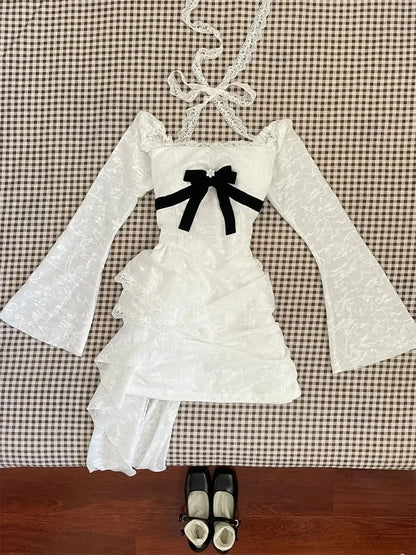 Spring Elegant Women Dress Vintage Style Long Sleeve Bow Detail Slim Fit Flared Hem Comfortable Party Dress Casual Dress 2025