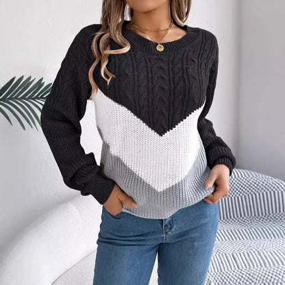 New Autumn Winter Color-blocking Lantern Sleeve Fashion Knitted Pullover Sweater Jersey Invierno Mujer Sweaters Womens Top Femme