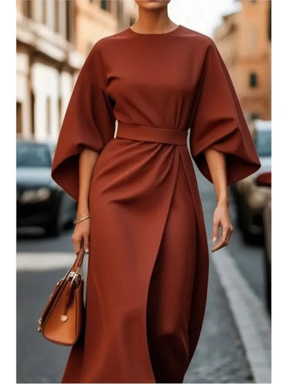 Spring Summer New Women's Fashion Style Elegant Solid Color Waist Dress Casual Bat Sleeve Long Dress Vestidos Para Mujer