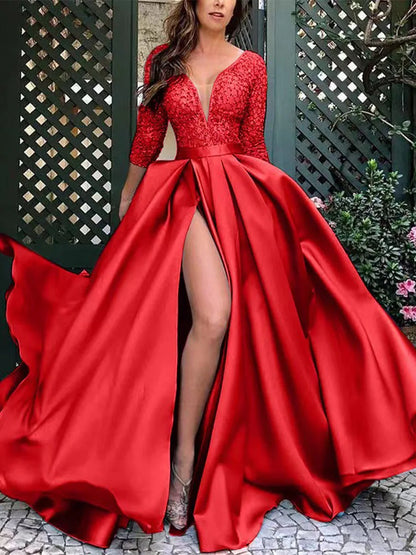 Women's Dress Spring Sexy Slim Lace Stitching Split Dress Women's Fashion Long Sleeve V-neck High Waist Party Formal Dress