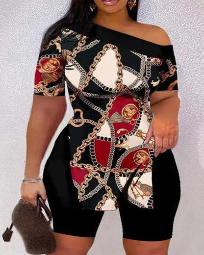 Print Two Piece Shorts Sets Women Skew Collar Short Sleeve Shirts Side Split Tops Pullover Elastic Waist Trousers Summer 2023