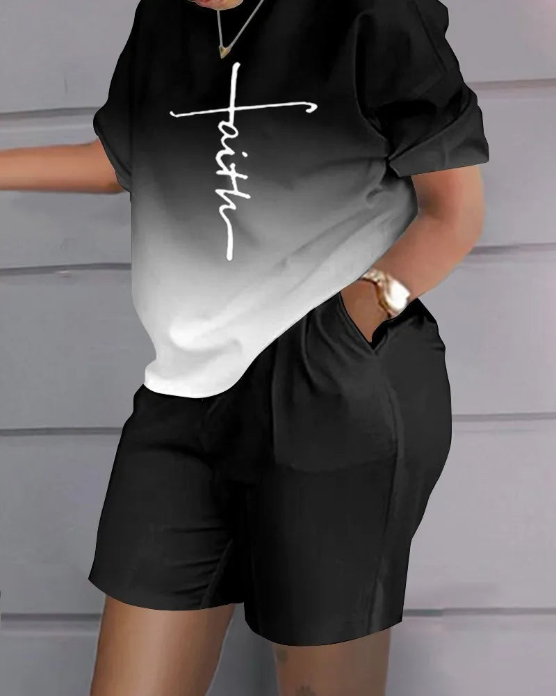 Casual Loose Short Sleeve Tshirt Shorts Set Office Lady Summer Fashion O-neck Colorful Print Two Piece Set Women Outfit 2023