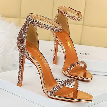 Women Summer Platform Sandals 10cm High Heels Silver Bling Sequins Ankle Strappy Sandles Lady Wedding Event Party Sparkly Shoes