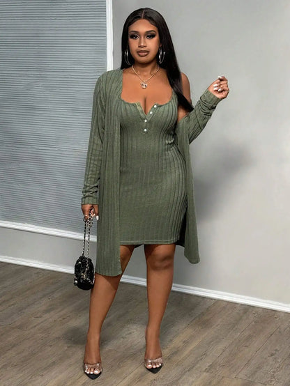 Plus Size Ribbed Elegant Two Piece Set Dress Women Solid Mini Dress Female Casual Long Coat 2024 Autumn Large Size Matching Set