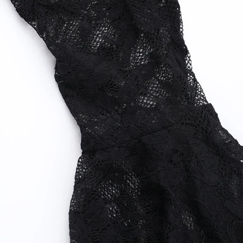 Y2K Goth Floral Lace Mesh Flared Sleeve Bodycon Party Dresses Sexy Vintage Elegant Black Velvet V-Neck Long Dress Partywear