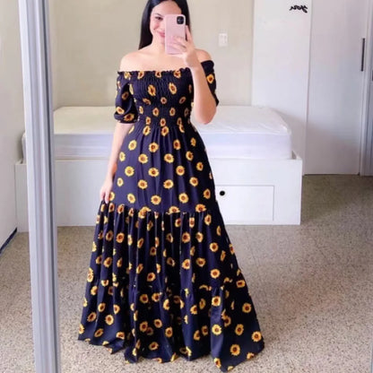Spring Summer Sexy Off Shoulder Maxi Dress Woman Fashion Flower Print Short Sleeve Dresses For Women 2023 Elegant Party Robe