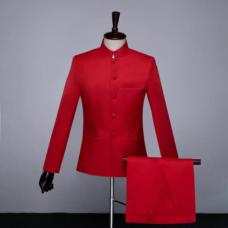 New Men Standing Collar Embroidered Suit 2 Piece Fashion Male Business Social Wedding Prom Stage Performance Dress Blazer Pant