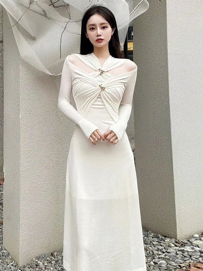 TWOTWINSTYLE Knitting White Dresses For Women V Neck Long Sleeve High Waist Hollow Out Slim Dress Female Summer 2023 Clothing