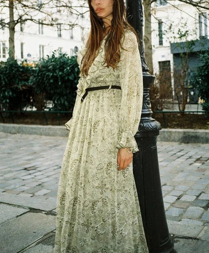 2025 New Spring Womens Dress Flower Printed Long Dresses For Women Long Sleeve Belt Midi Dress Ladies Elegant Party Dresses