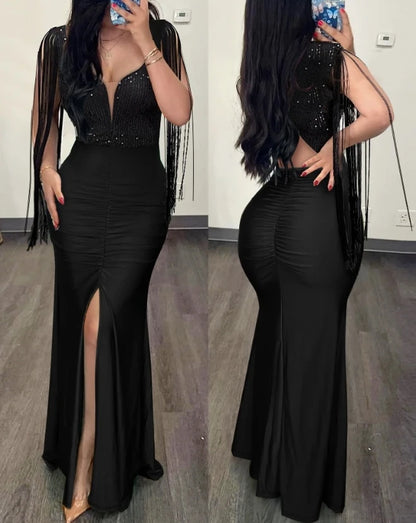 Womens Dresses 2024 Summer Fashion Contrast Sequin Ruched Slit Tassel Design Sexy Plunge Short Sleeve Skinny Maxi Evening Dress