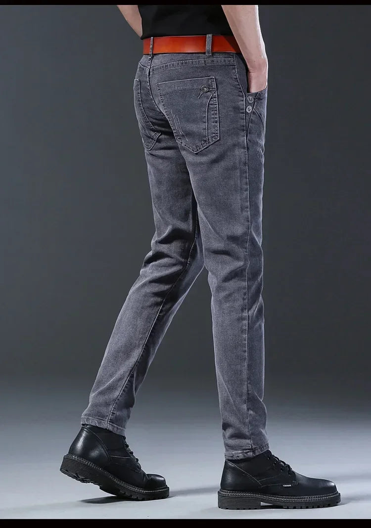 New Men's Denim Pants Slim Straight Gentleman Size 27-38 Slacks Fashion European American Style Stretch Men Luxury Jeans Grey