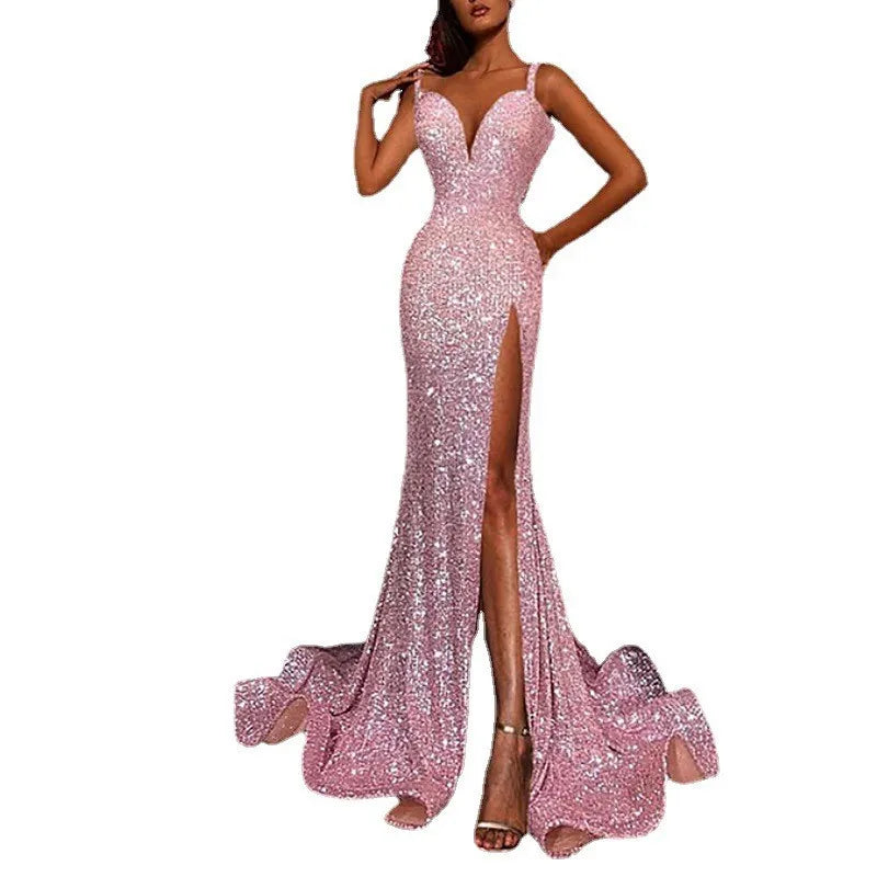 Sexy Sleeveless V-neck High Waist Slit Formal Occasion Evening Dress Fashion Pink Sequins Slim Long Elegant Party Dresses Women