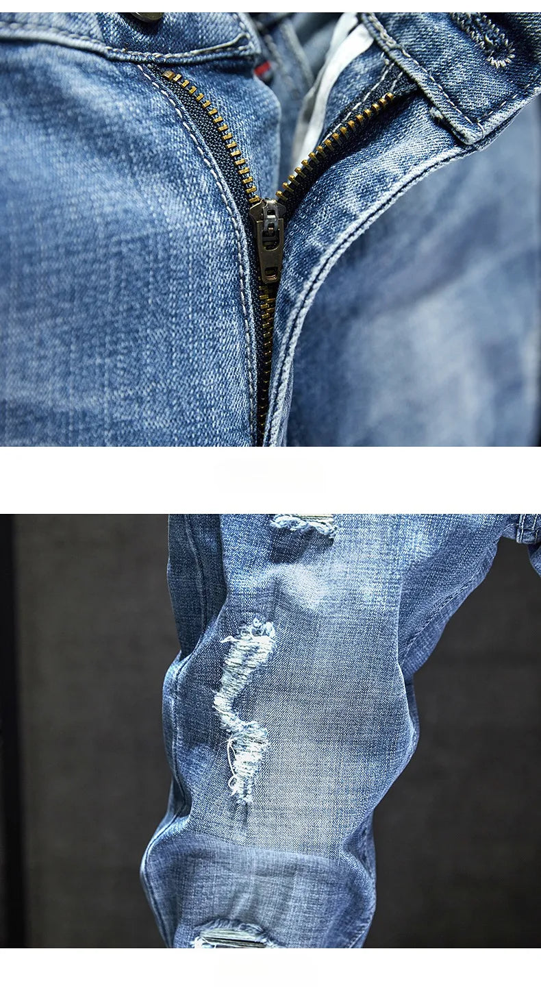 Men Stretch Slim Ripped Jeans Hip Hop Streetwear Korean Vintage Distressed Little Feet Pants Personality Male Trousers