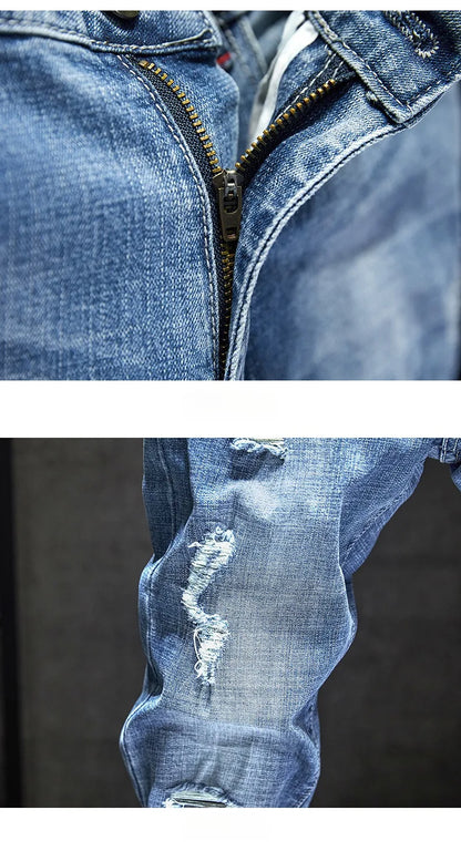Men Stretch Slim Ripped Jeans Hip Hop Streetwear Korean Vintage Distressed Little Feet Pants Personality Male Trousers