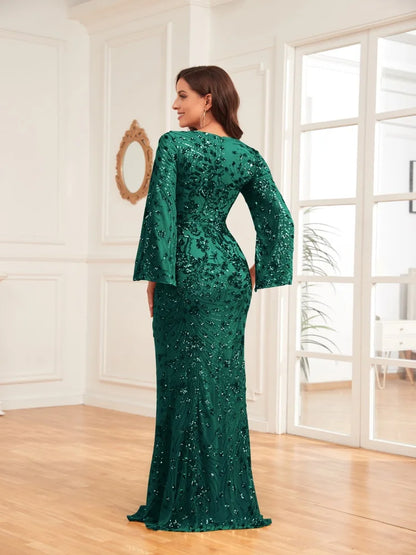 Lucyinlove Luxury Champagne Evening Dresses For Women 2025 Long Sleeve Mermaid Formal Sequins V-neck Prom Wedding Party Gowns