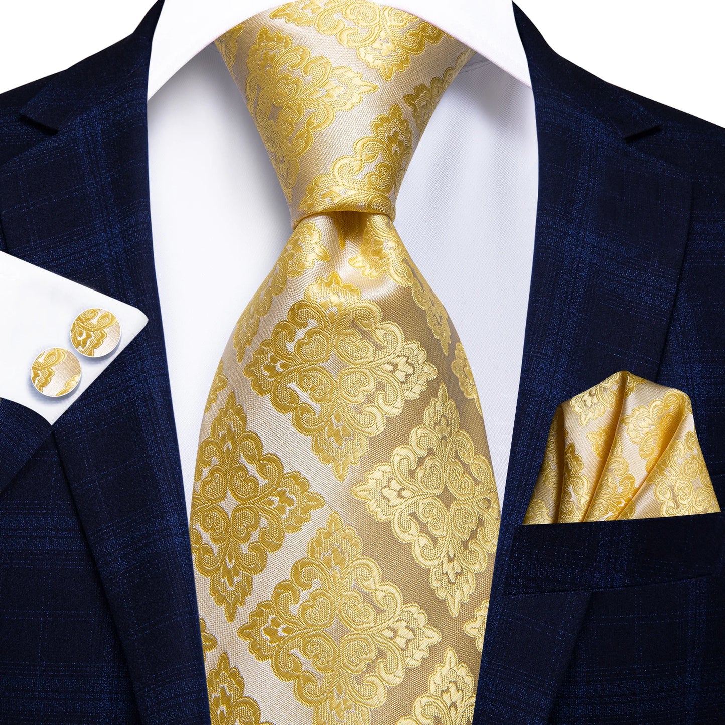 Hi-Tie Designer Silk Wedding Tie For Men Blue White Plaid Handky Cufflink Set Fashion Necktie For Men Business Party Wholesale