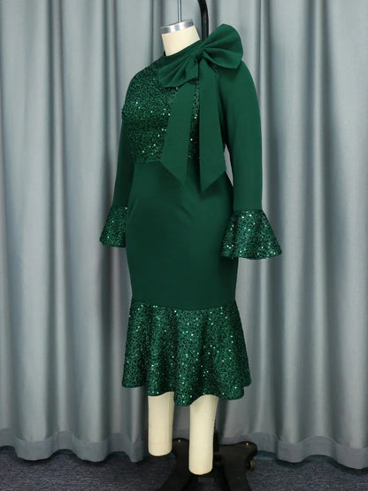 Elegant Green Shiny Sequined Dresses with Bow Long Flare Sleeves Mermaid Christmas African Brithday Party Occasion Event Robes