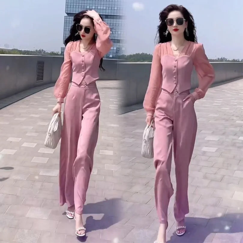 Women's Two Piece Set 2023 Spring/Summer New Casual Celebrity Top Drop Wide Leg Pants Set Women's Summer Trend