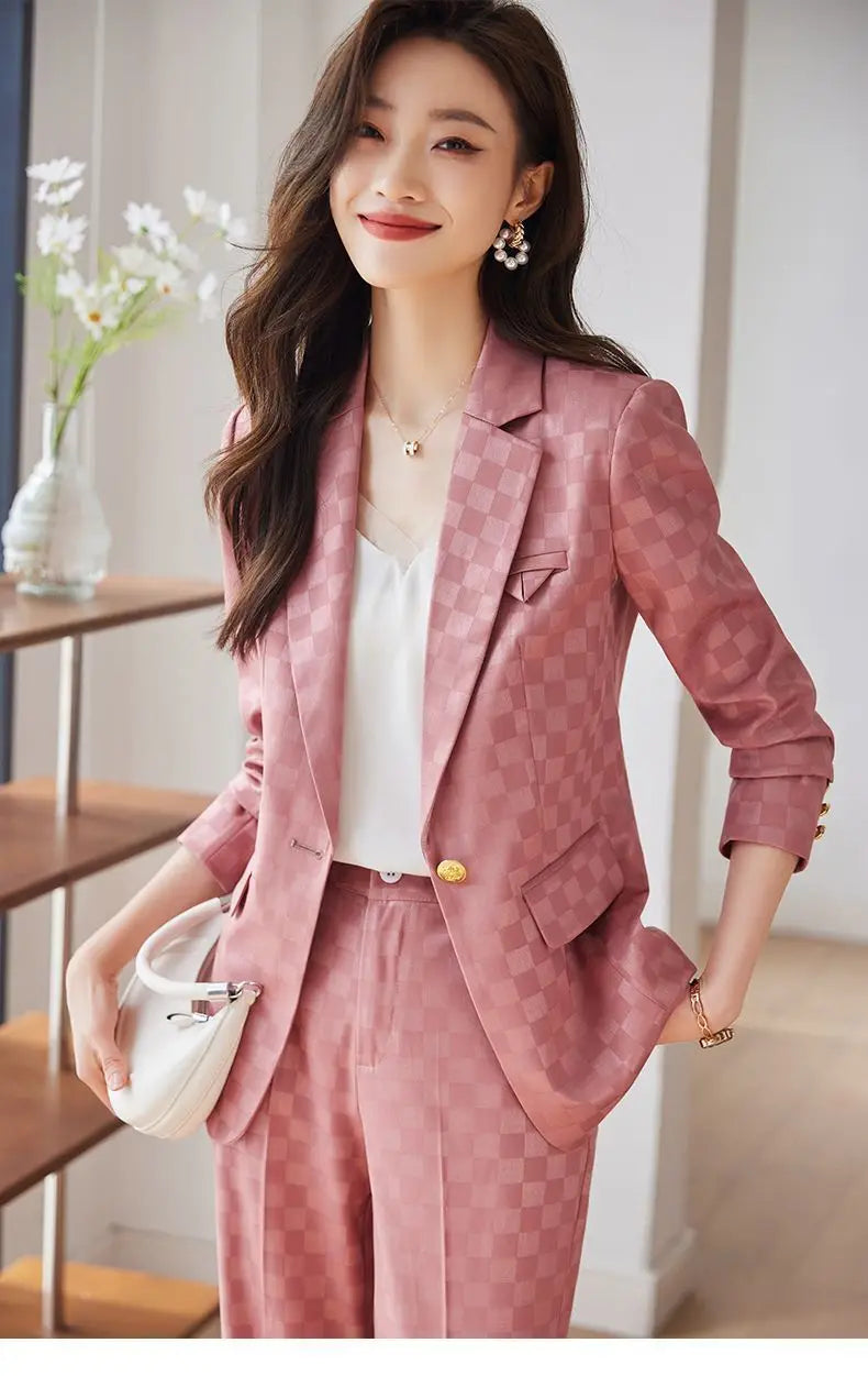 Women's Spring Autumn New Fashion Plaid Professional Suit Jacket Matching Set Korean Elegant Casual Blazers Pants Two Piece