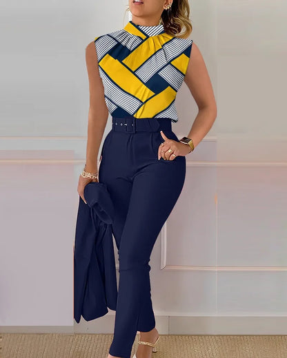Office Elegant Sleeveless Print Shirt And Pant Set Casual Fashion O-neck Slim Pants Two Piece Set Summer Outfits For Women 2023