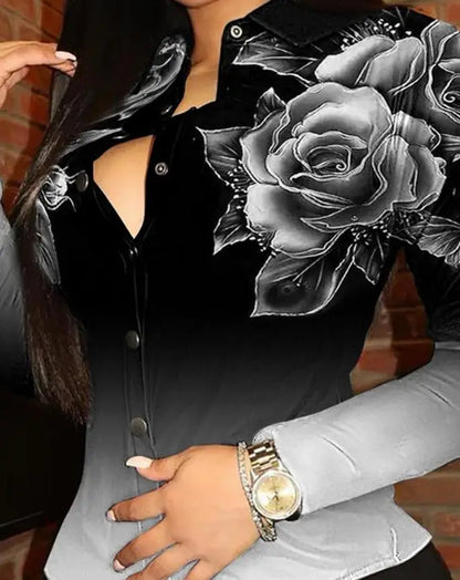 Tops Women 2023 Trendy Fashion Spring New Floral Ombre Print Long Sleeve Button Down Casual Daily Shirt All-Match