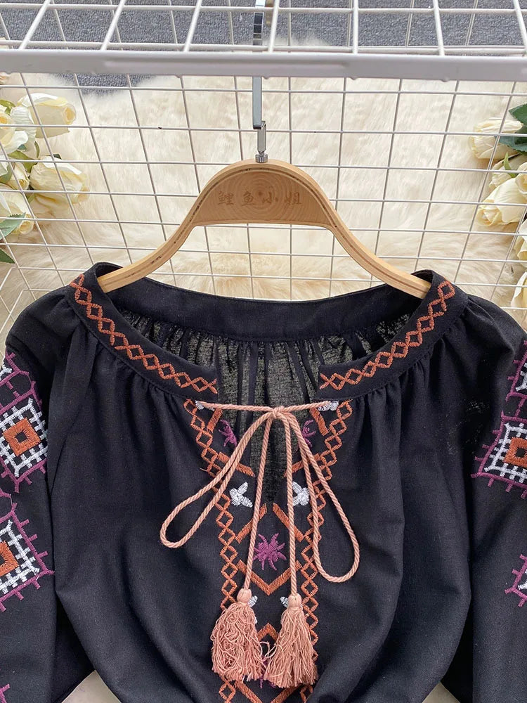 Women's Spring Dress Bohemian Retro Ethnic Style Diamond Cotton Linen Blend Embroidered Lantern Sleeves Mini Dress DS003