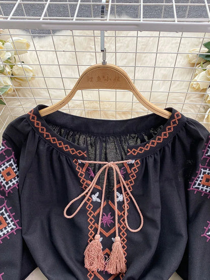 Women's Spring Dress Bohemian Retro Ethnic Style Diamond Cotton Linen Blend Embroidered Lantern Sleeves Mini Dress DS003