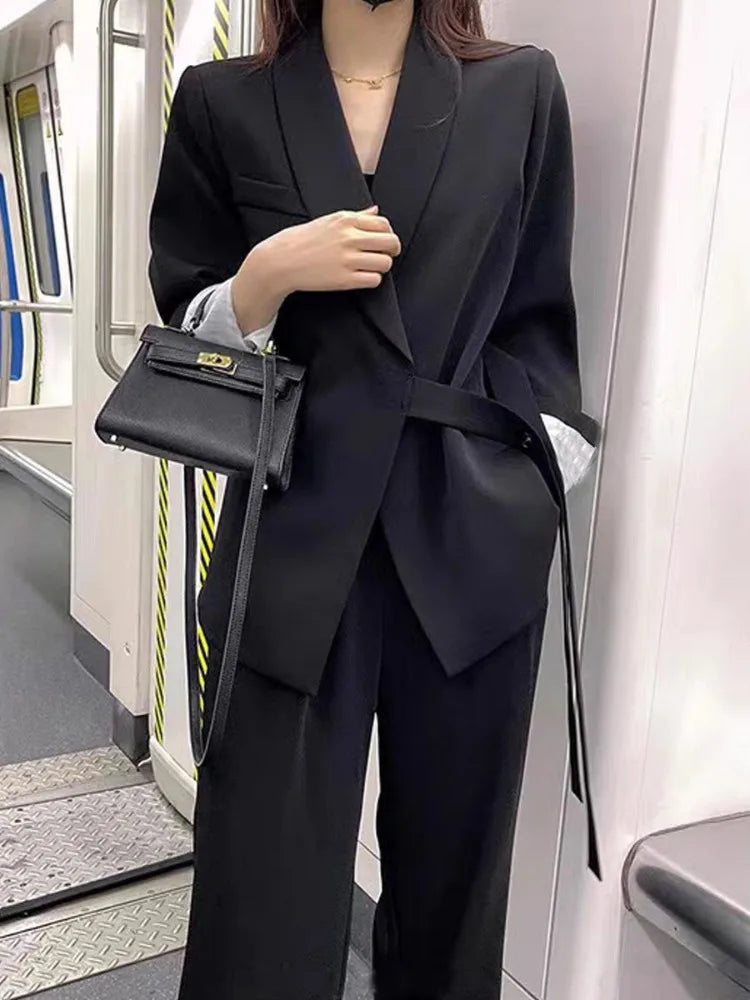Women's Korean Fashion Long Sleeve Blazer And Wide Leg Pants Two-Piece Set Office Casual Loose Fit Spring Autumn Suits