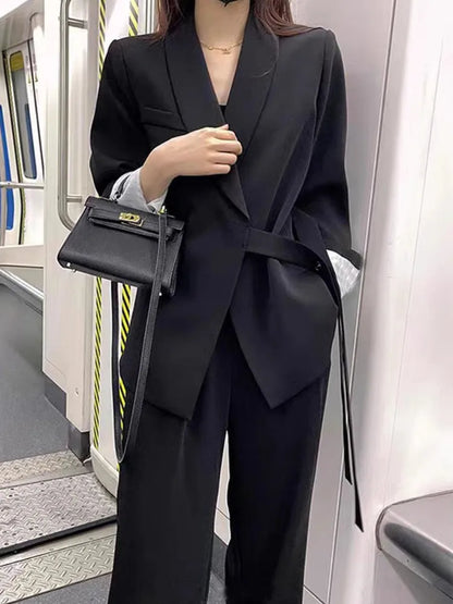 Women's Korean Fashion Long Sleeve Blazer And Wide Leg Pants Two-Piece Set Office Casual Loose Fit Spring Autumn Suits