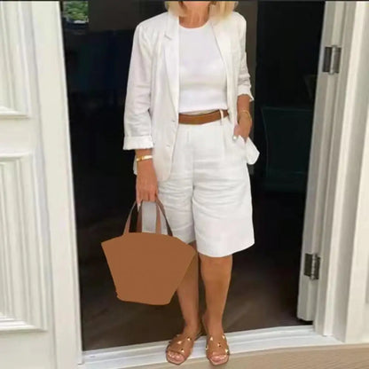 Cotton Linen Temperament Blazer Shorts Women's Blazer Suit 2 Piece Set Elastic Waist Thin Female Blazer Shorts Summer Outfit