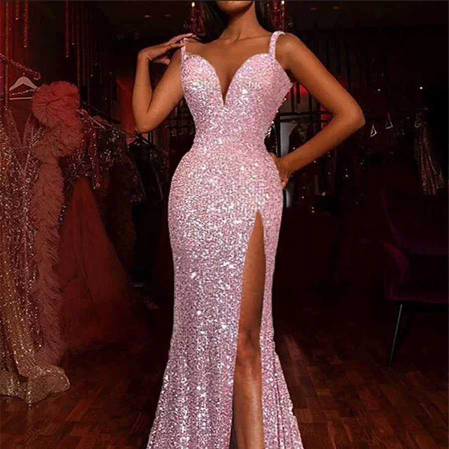 Sexy Sleeveless V-neck High Waist Slit Formal Occasion Evening Dress Fashion Pink Sequins Slim Long Elegant Party Dresses Women