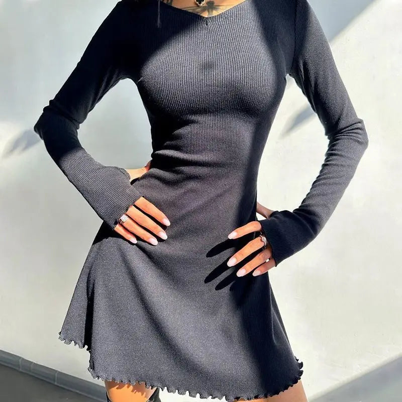 Spring Elegant Pretty Women Dresses New Black Sexy Short Dress Female V Neck Long Sleeve Slim Solid Color Mini Dress