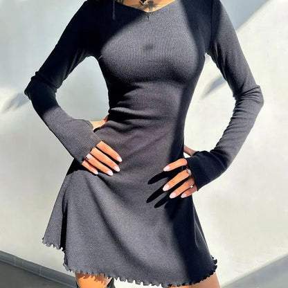 Spring Elegant Pretty Women Dresses New Black Sexy Short Dress Female V Neck Long Sleeve Slim Solid Color Mini Dress