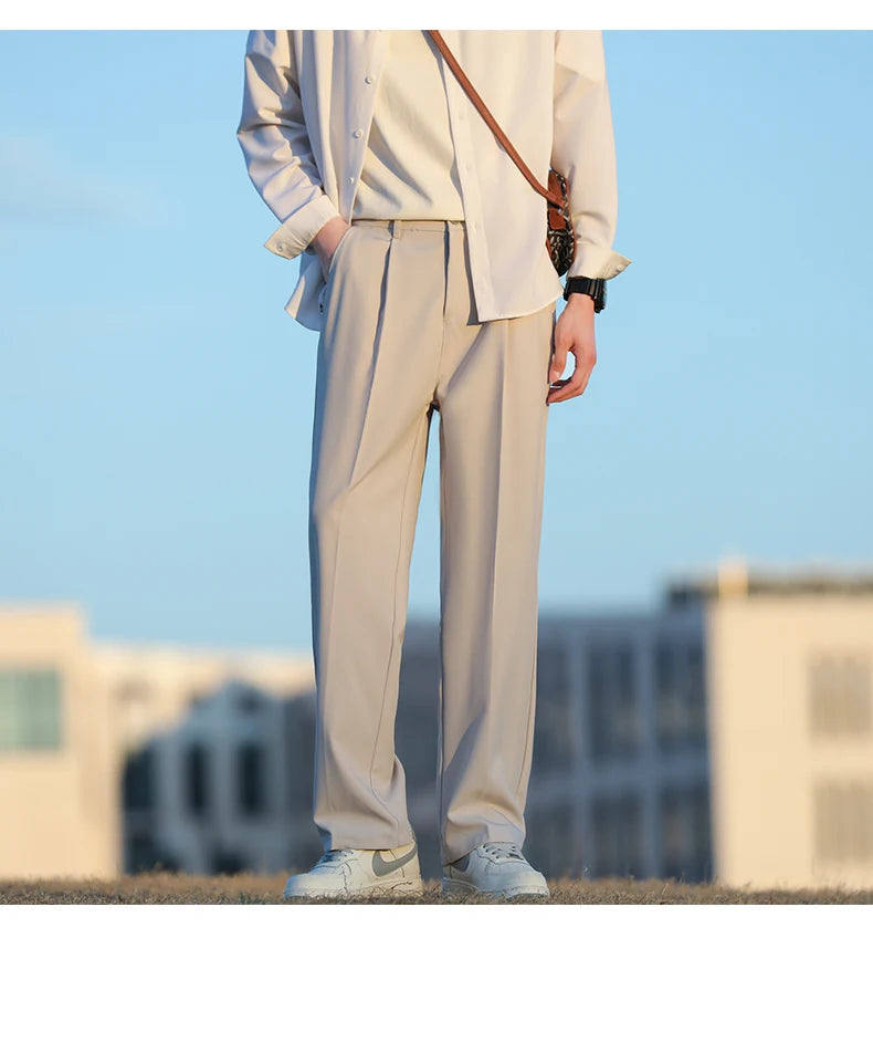 Spring Summer Men Suit Pants Wide Leg Long Drape Trousers Fashion Streetwear Clothing Solid Stretch Waist Oversize Pants Black