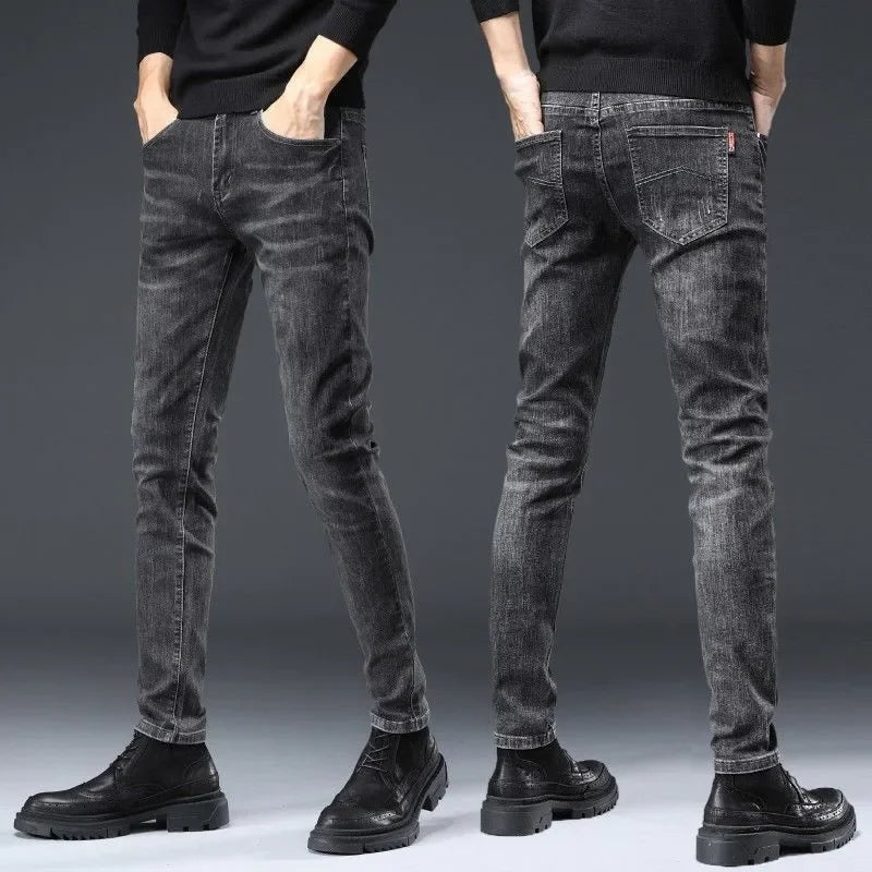 New Trendy Black Grey Jeans For Men Elastic Slim Fit Smooths Your Silhouette Casual Style Korean Version Versatile Long Pants