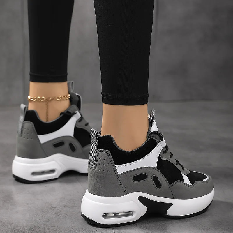 Women Air Cushion Shoes Casual Sport Sneakers Height Increase Black Grey Walking Shoes Fashion Lace-up Shoes