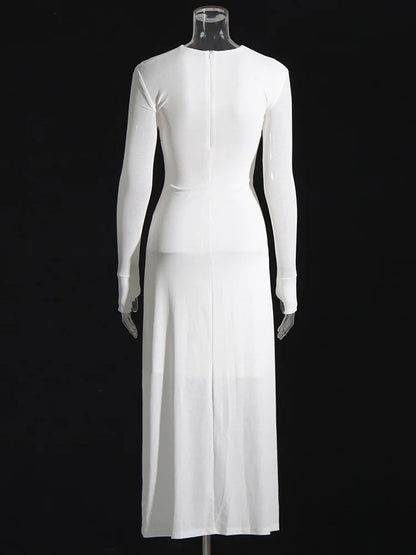 TWOTWINSTYLE Knitting White Dresses For Women V Neck Long Sleeve High Waist Hollow Out Slim Dress Female Summer 2023 Clothing